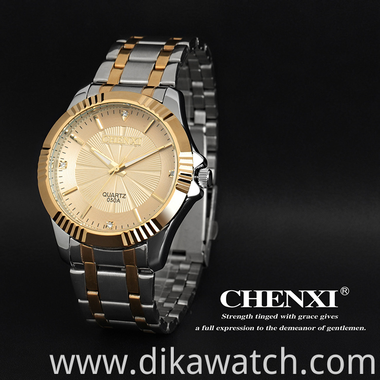 CHENXI New Men Women Quartz Couple Watch Fashion Waterproof Stainless Steel Watch Golden Luxury Wristwatch 050A